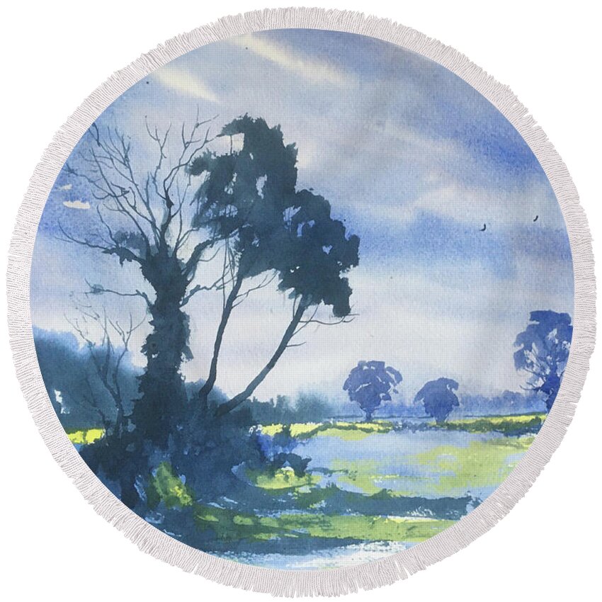 Watercolour Round Beach Towel featuring the painting Blue Light on the Yorkshire Wolds by Glenn Marshall