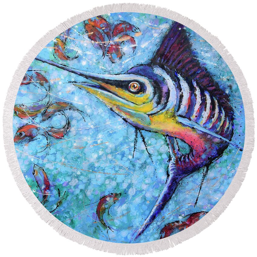 Blue Marlin Round Beach Towel featuring the painting Blue Marlin Hunting by Jyotika Shroff