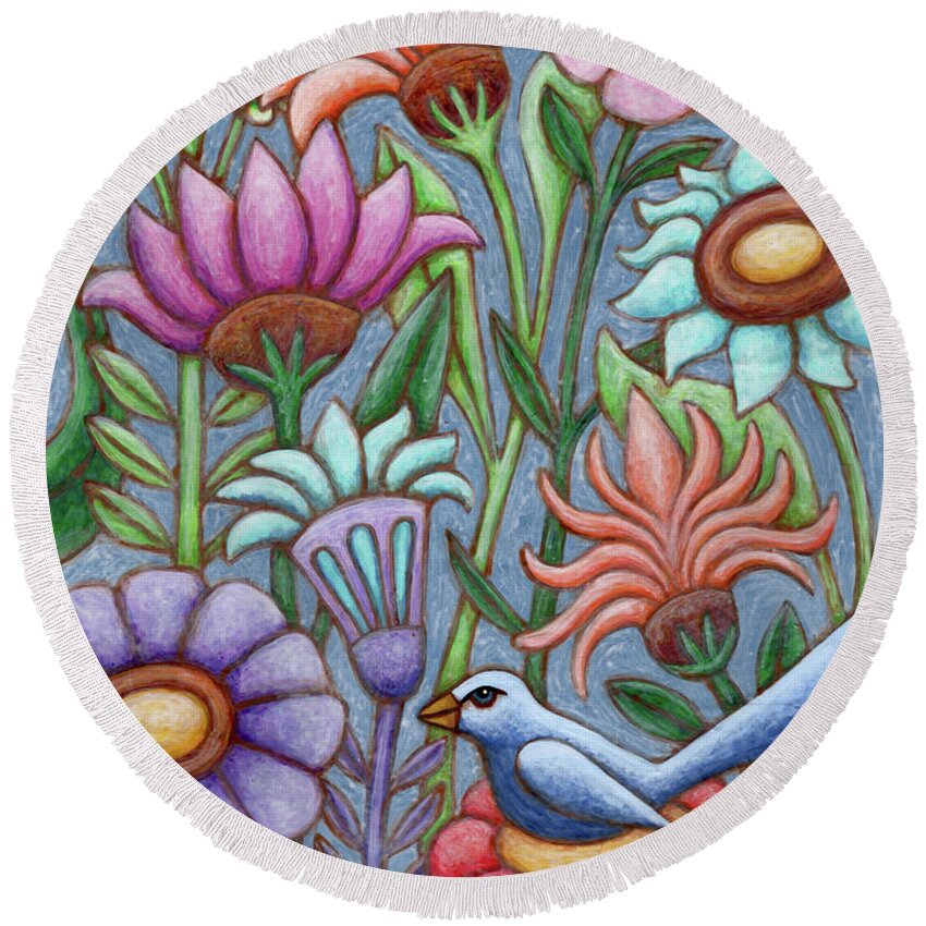 Bird Round Beach Towel featuring the painting Blue Meadow Breeze by Amy E Fraser