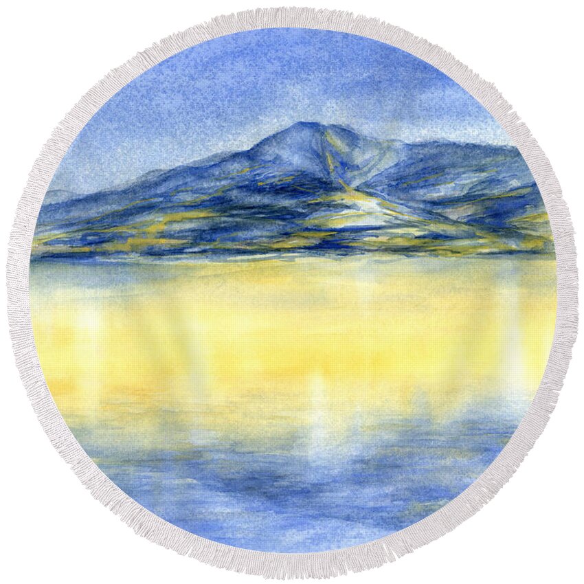 Watercolor Round Beach Towel featuring the painting Blue mountain and reflection of sunlight, watercolor by Adriana Mueller