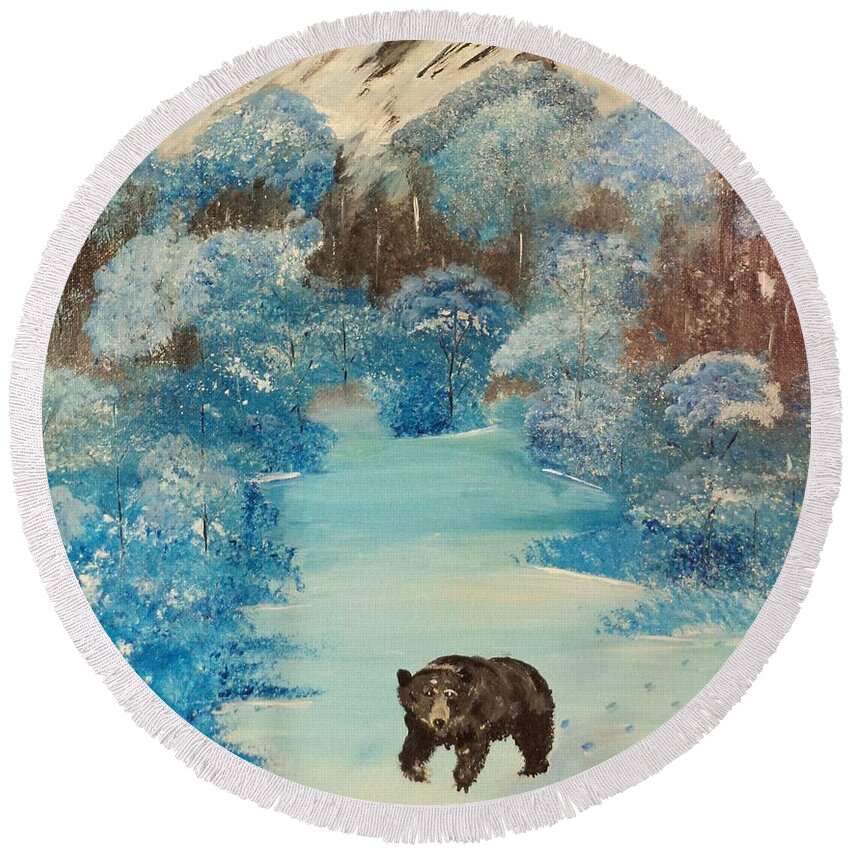Donnsart1 Round Beach Towel featuring the painting Blue Mountain Bear Painting # 278 by Donald Northup
