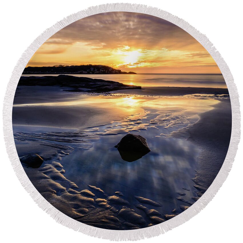 Good Harbor Beach Round Beach Towel featuring the photograph Blue N Gold Sunrise, Good Harbor by Michael Hubley