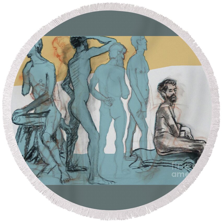 Male Nude Round Beach Towel featuring the mixed media Blue Nude by PJ Kirk