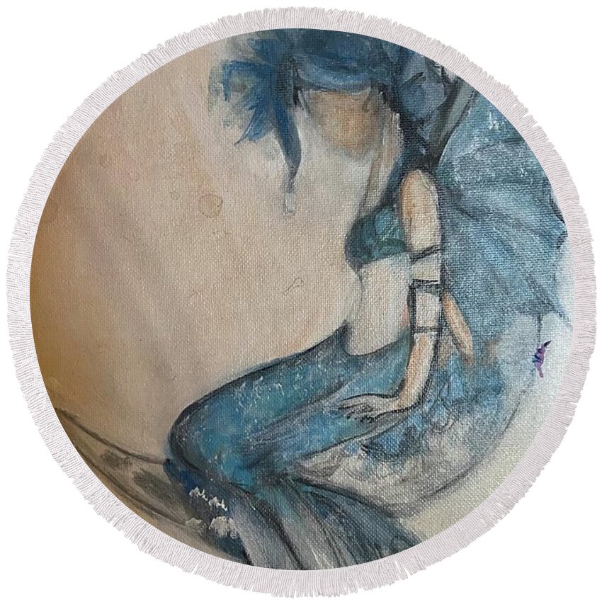Blue Mermaid Round Beach Towel featuring the painting Blue Nymph by Denice Palanuk Wilson