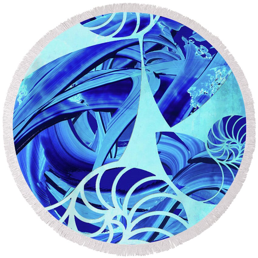 Blue Round Beach Towel featuring the painting Blue On Blue Nautilus Shell Art by Sharon Cummings