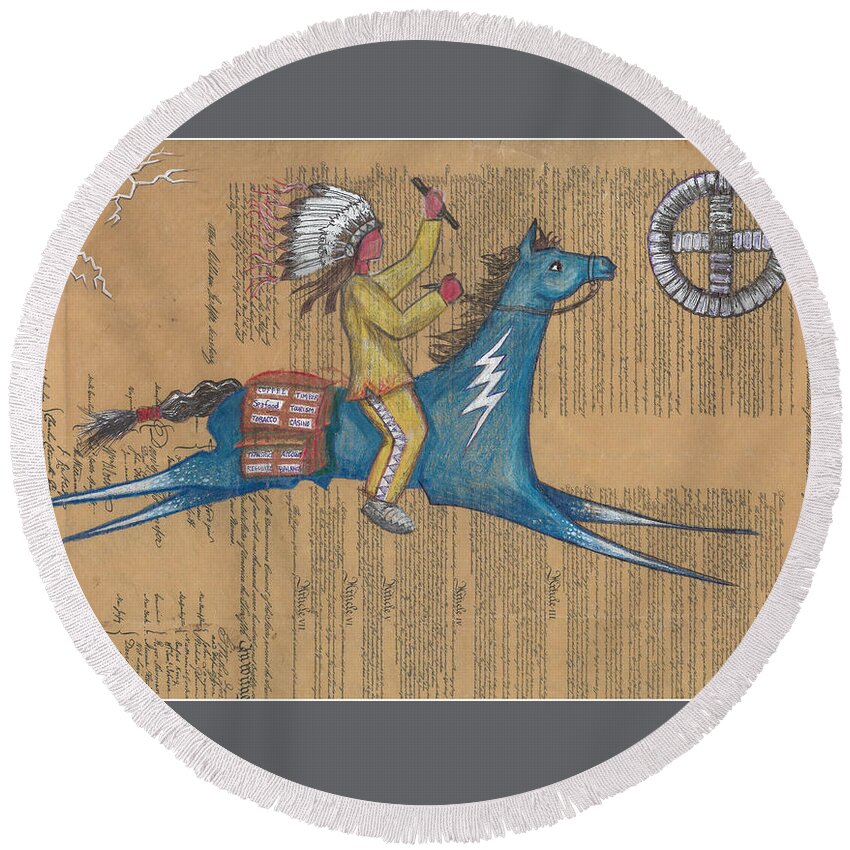 Ledger Art Round Beach Towel featuring the drawing Blue Pony on Constitution by Robert Running Fisher Upham