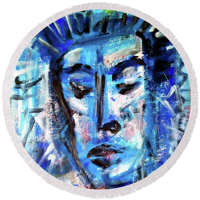 Blue Round Beach Towel featuring the mixed media Blue Portrait by Mimulux Patricia No