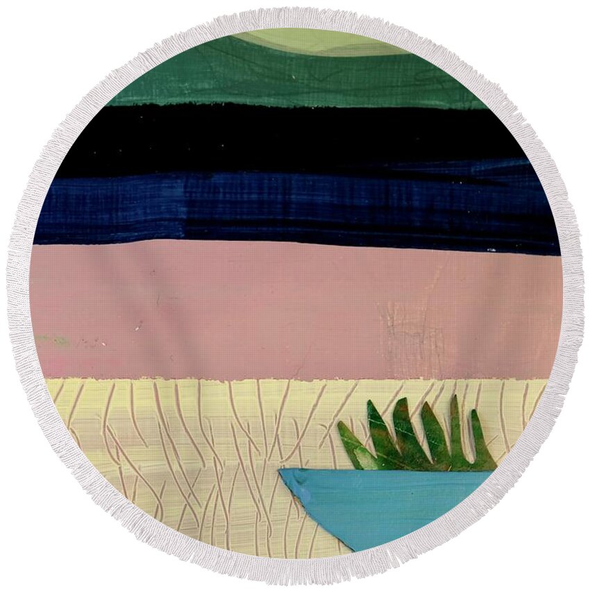 Abstract Round Beach Towel featuring the mixed media Blue Pot with Plant by Julia Malakoff