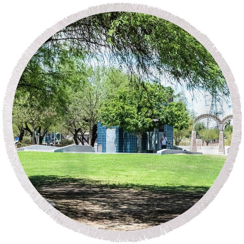 Blue Restrooms And Memorial Arches Round Beach Towel featuring the photograph Blue Restrooms and Memorial Arches by Tom Cochran