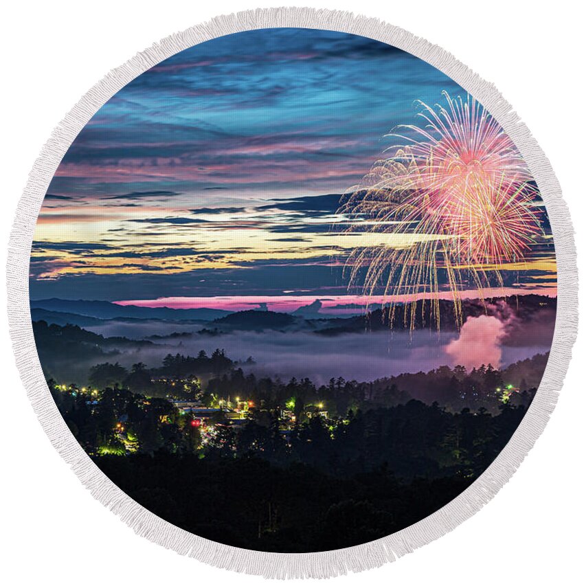Independence Day Round Beach Towel featuring the photograph Blue Ridge Mountains Highlands NC Firecrackin' Fourth by Robert Stephens
