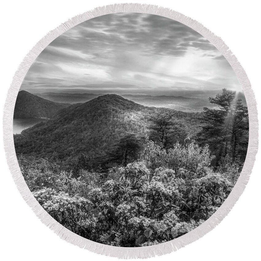 Benton Round Beach Towel featuring the photograph Blue Ridge Overlook Great Smoky Mountains Black and White by Debra and Dave Vanderlaan