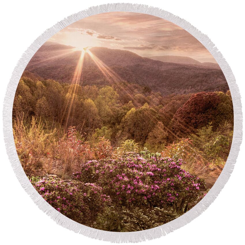 Boyds Round Beach Towel featuring the photograph Blue Ridge Smoky Mountains Sunset Overlook Soft Colors by Debra and Dave Vanderlaan