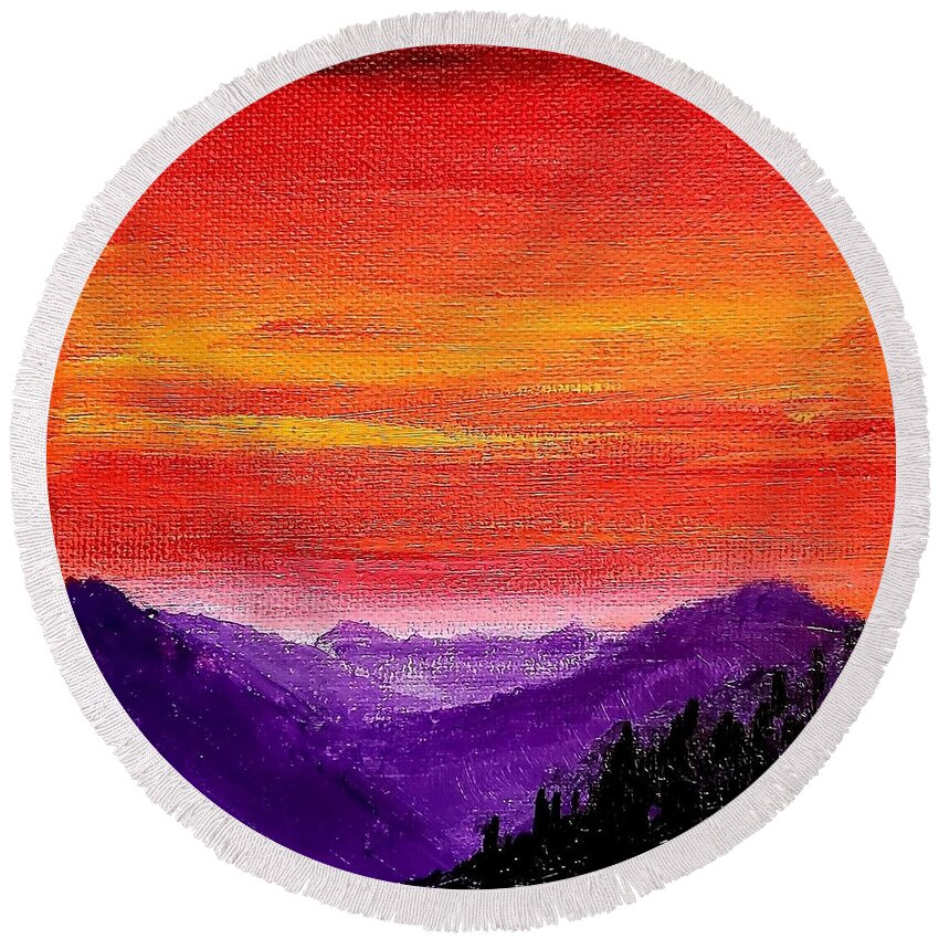 Landscape Round Beach Towel featuring the painting Blue Ridge Sunset by Amy Kuenzie