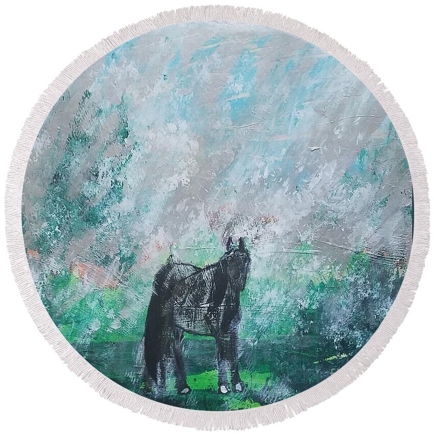  Round Beach Towel featuring the painting The Blue Roan Horse in Rain by Mark SanSouci