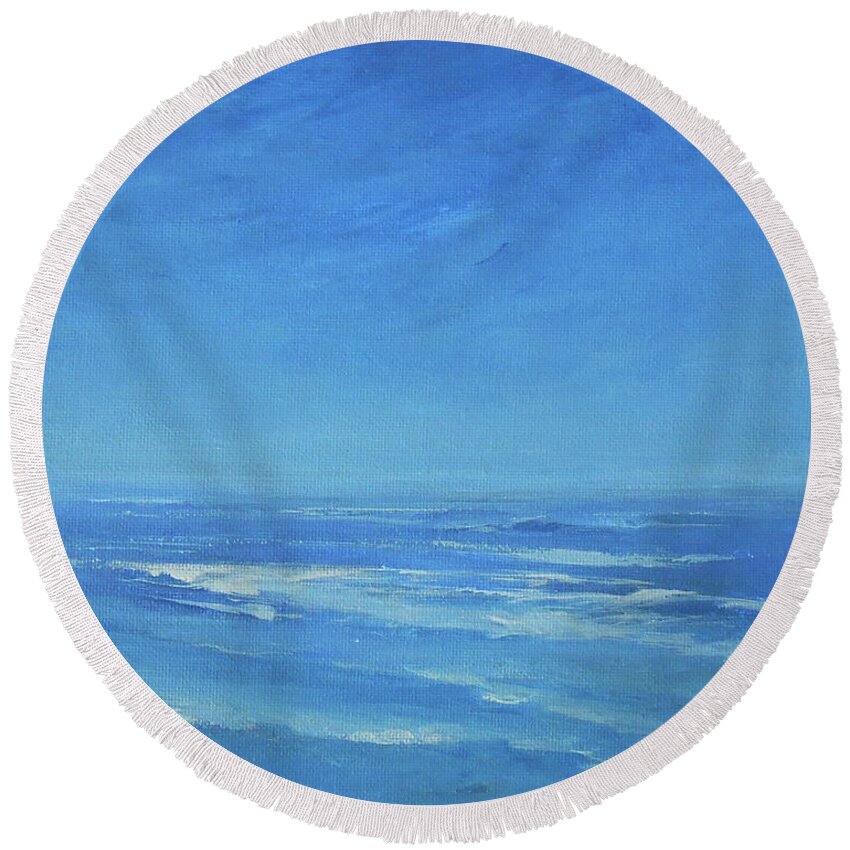 Blue Sea Blue Sky Round Beach Towel featuring the painting Blue Sea Blue Sky by Jane See
