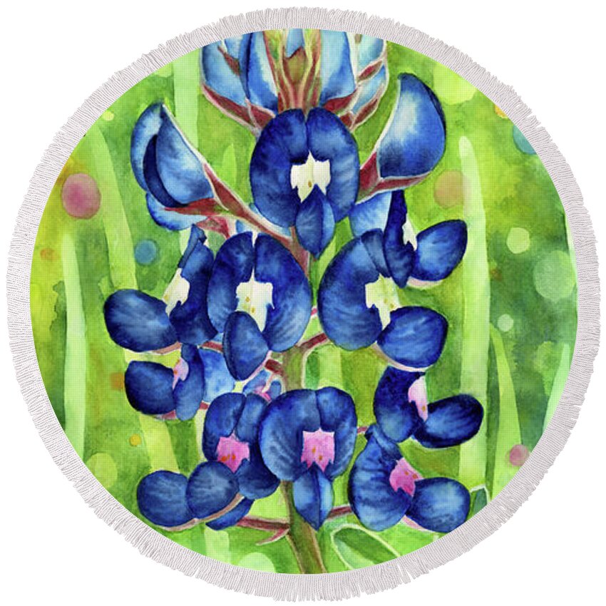 Blue Round Beach Towel featuring the painting Blue Tapestry - Bluebonnet by Hailey E Herrera
