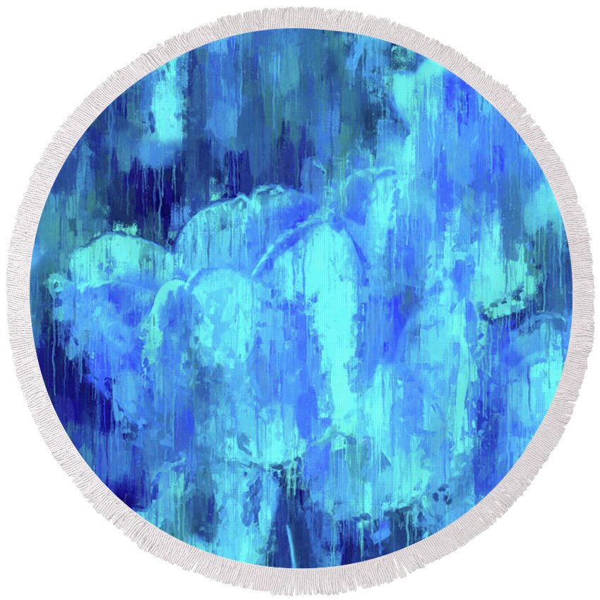 Blue Tulips Round Beach Towel featuring the digital art Blue Tulips On A Rainy Day by Alex Mir