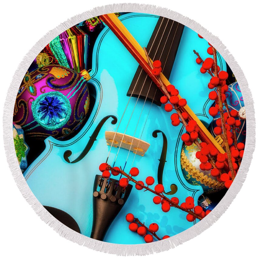 Abundance Red Fancy Round Beach Towel featuring the photograph Blue Violin And Ornaments by Garry Gay