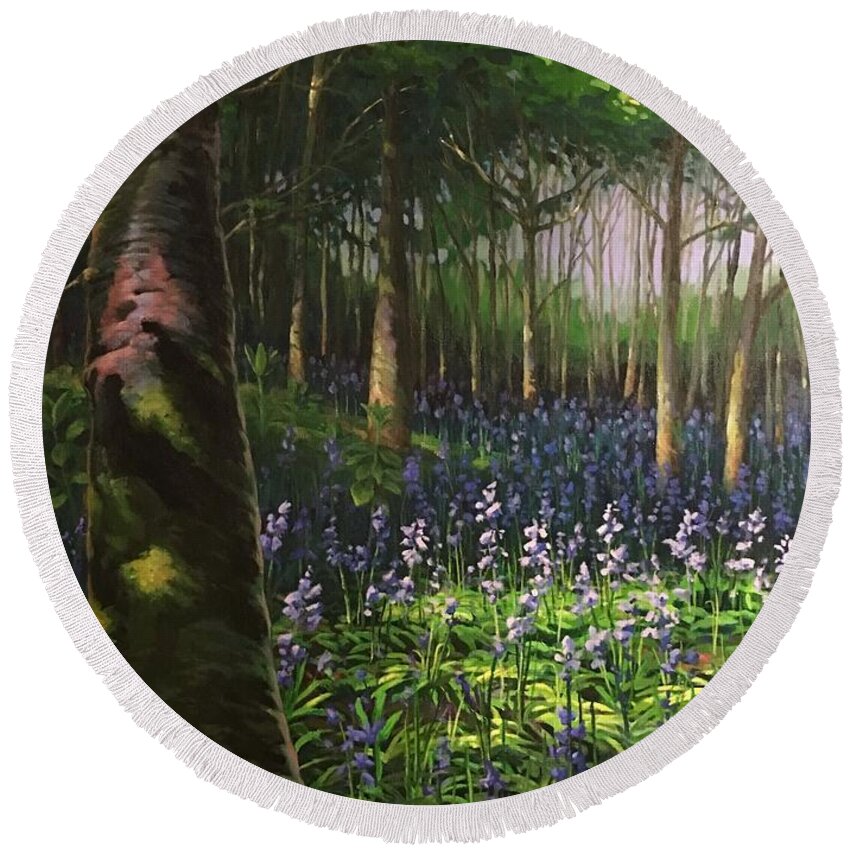 Bluebells Round Beach Towel featuring the painting Bluebells in Humewood Forest by Don Morgan