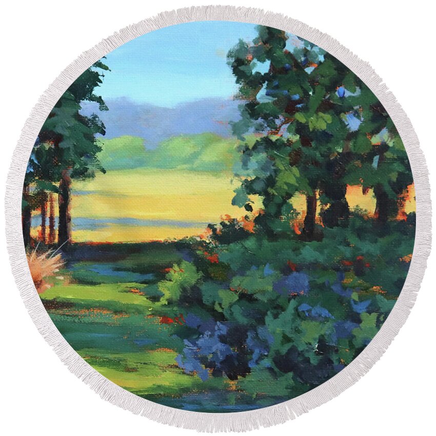 Landscape Round Beach Towel featuring the painting Blueberry Patch by Karen Ilari