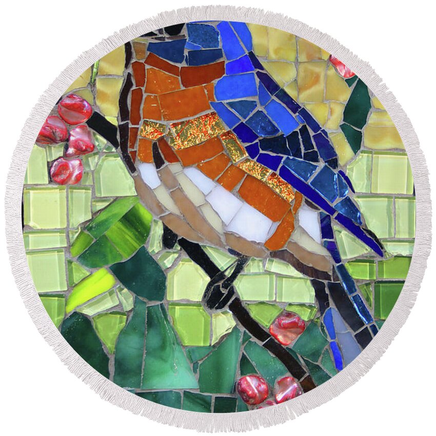 Cynthie Fisher Round Beach Towel featuring the sculpture Bluebird Glass Mosaic by Cynthie Fisher