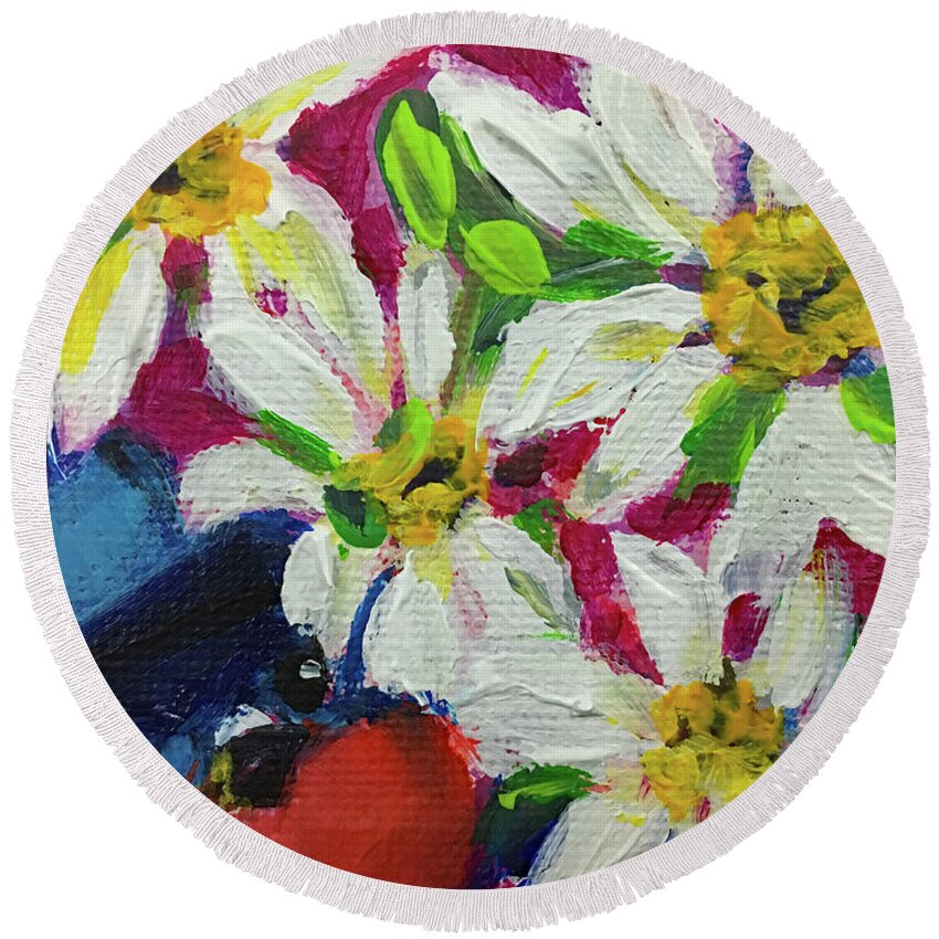 Bluebird Round Beach Towel featuring the painting Bluebird in Daisies by Roxy Rich