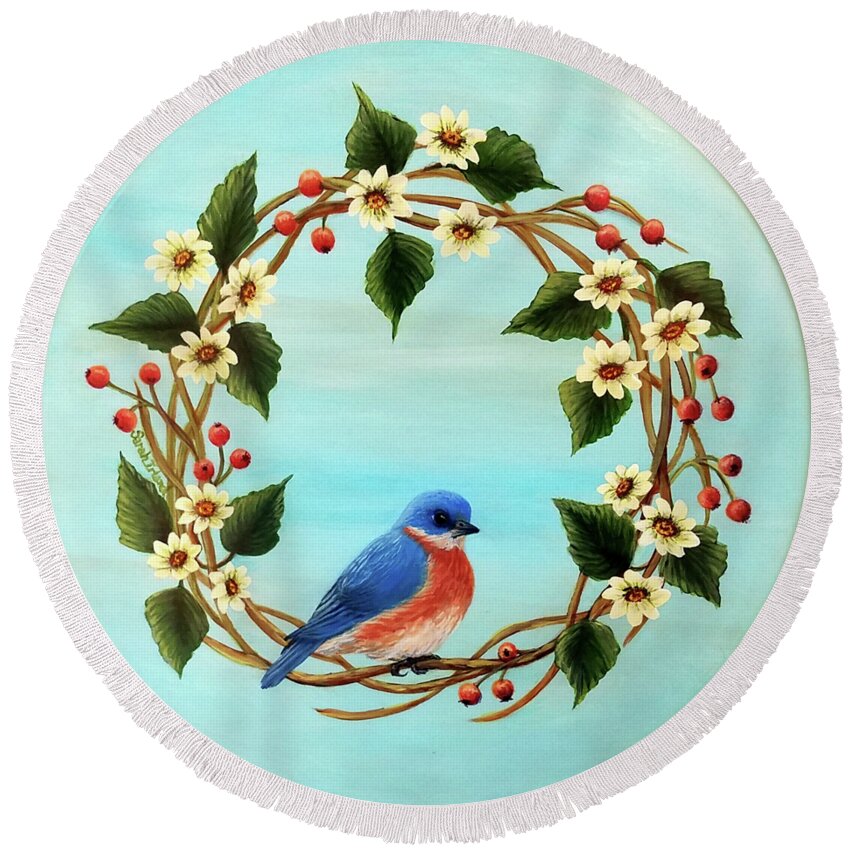 Bluebird Round Beach Towel featuring the painting Bluebird Wreath by Sarah Irland