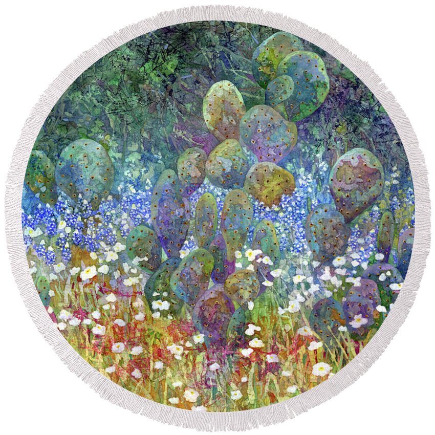 Cactus Round Beach Towel featuring the painting Bluebonnet, Prickly Poppy, and Cactus - Pastel Colors by Hailey E Herrera