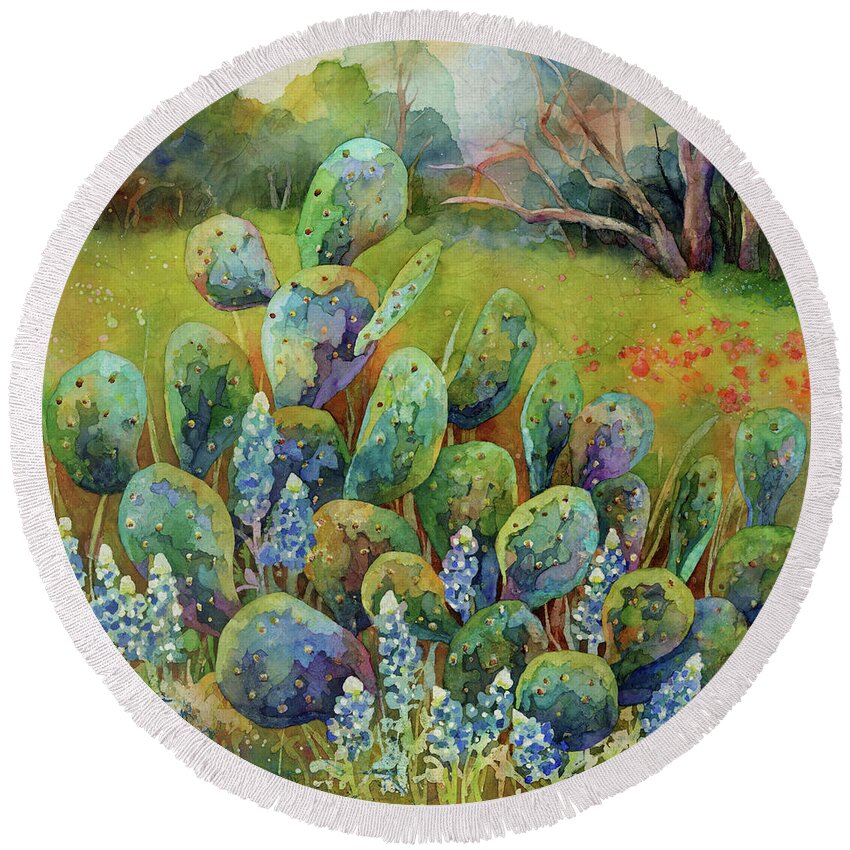 Cactus Round Beach Towel featuring the painting Bluebonnets and Cactus - Prickly Pear by Hailey E Herrera