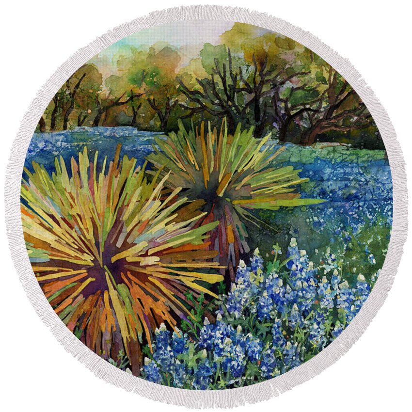 Cactus Round Beach Towel featuring the painting Bluebonnets and Yucca by Hailey E Herrera