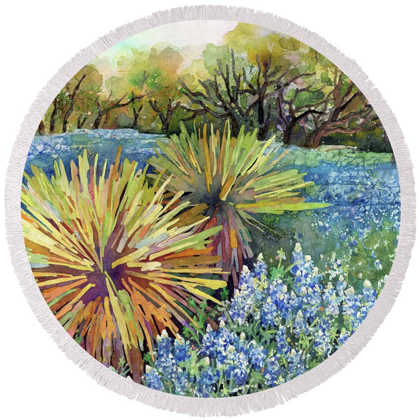 Cactus Round Beach Towel featuring the painting Bluebonnets and Yucca-Pastel Colors by Hailey E Herrera