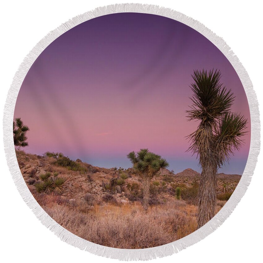 Joshua Tree Hikes Round Beach Towel featuring the photograph Blues and Pinks in the Mojave by Kunal Mehra