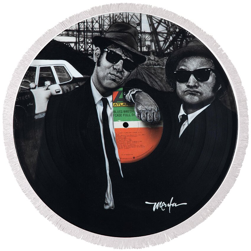 Record Album Round Beach Towel featuring the painting Blues Brothers Briefcase Full Of Blues by Dan Menta