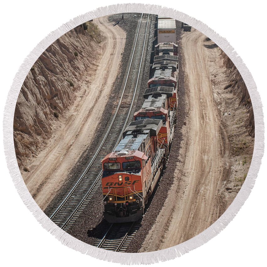 Railroad Round Beach Towel featuring the photograph BNSF 7784 leads three other units west at Cajon Pass by Jim Pearson