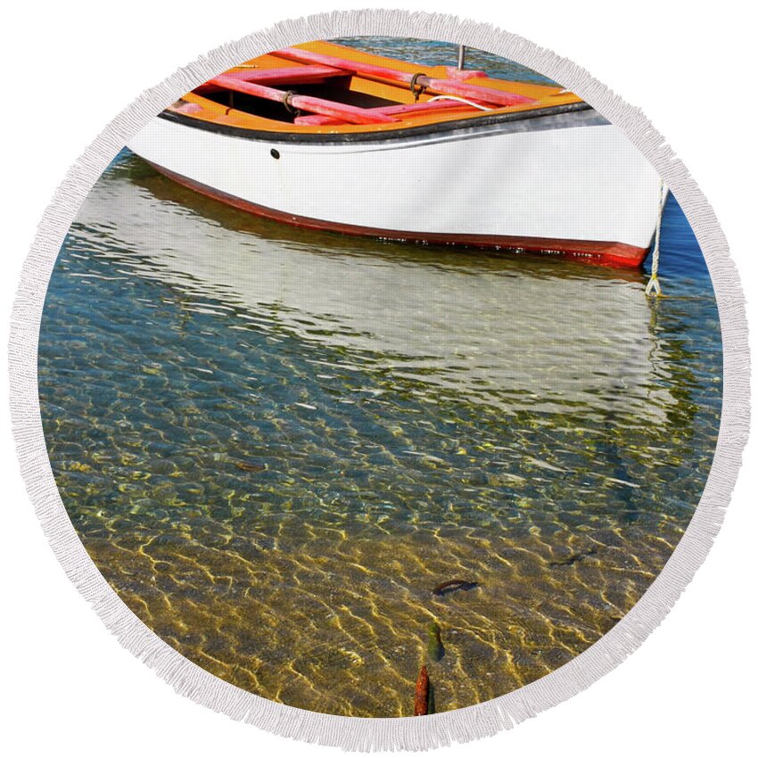 Boat Anchor Mykonos Greece Round Beach Towel featuring the photograph Boat anchored in Mykonos, Greece by David Morehead