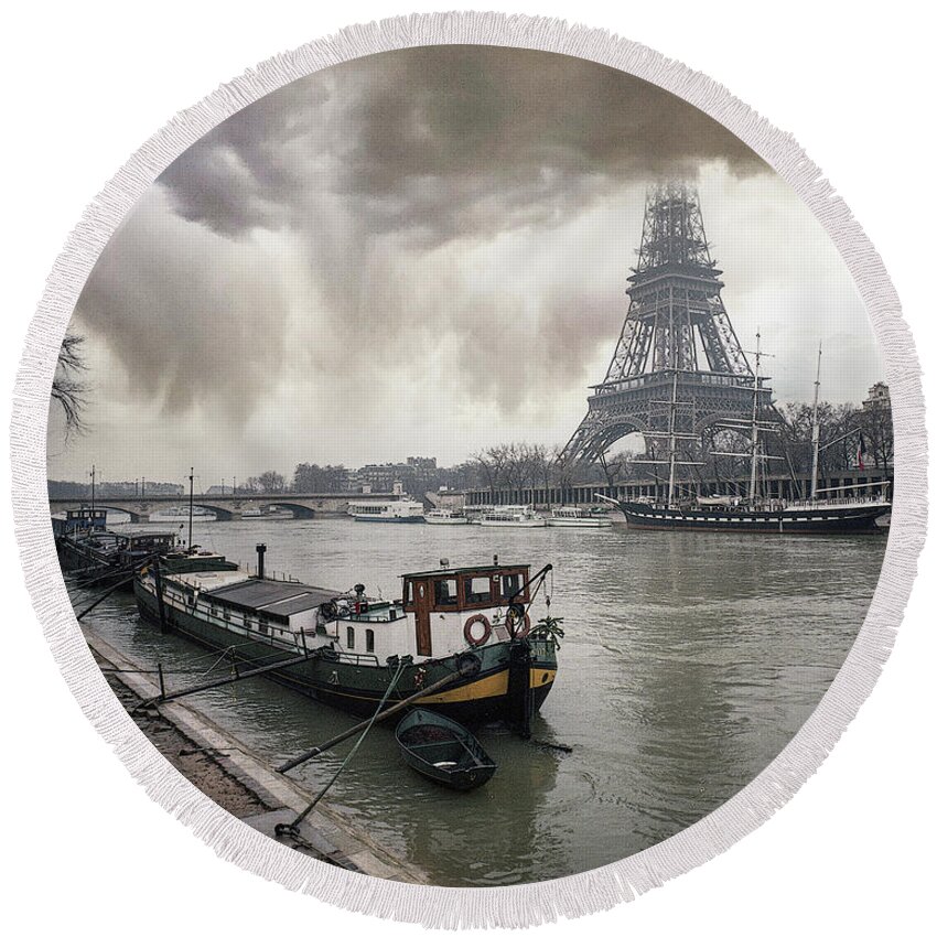 Seine River Round Beach Towel featuring the photograph Boat and Eiffel Tower by Jim Mathis