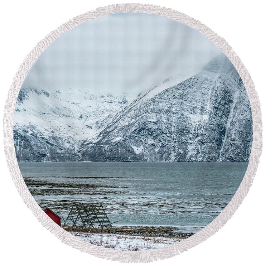 Arctic Circle Round Beach Towel featuring the photograph Boat House and Fish Rack on the Edge by Travel Quest Photography