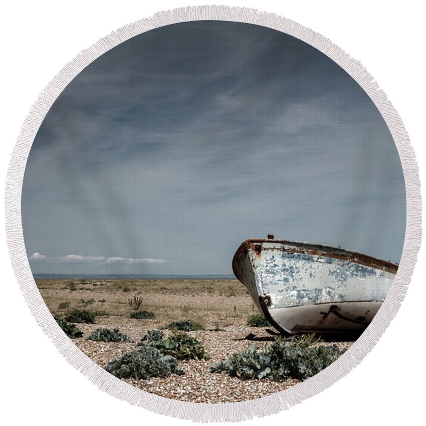 Dungeness Round Beach Towel featuring the photograph Boat On A Beach by Rick Deacon