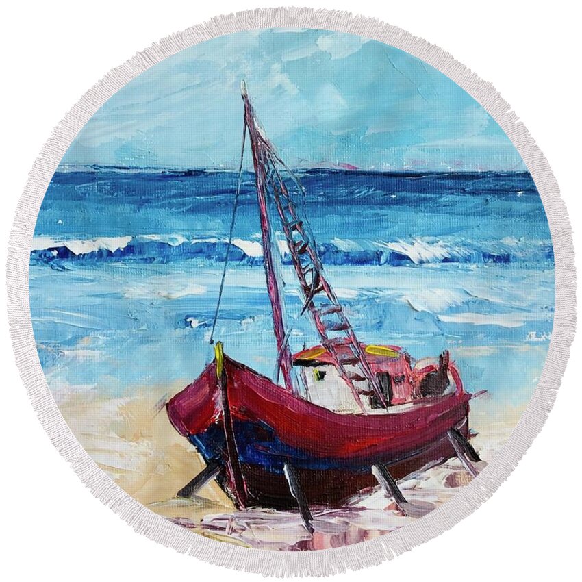 Old Round Beach Towel featuring the painting Boat on the beach by Lana Sylber