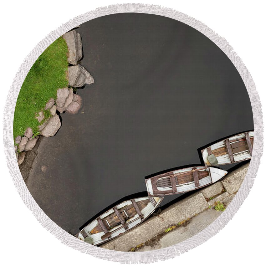 Minimal Round Beach Towel featuring the photograph Drone aerial of Boats on the river in a lake by Michalakis Ppalis