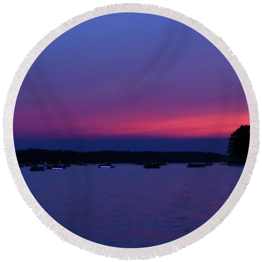 Lake Round Beach Towel featuring the photograph Boats Watching 4th Fireworks by Ed Williams