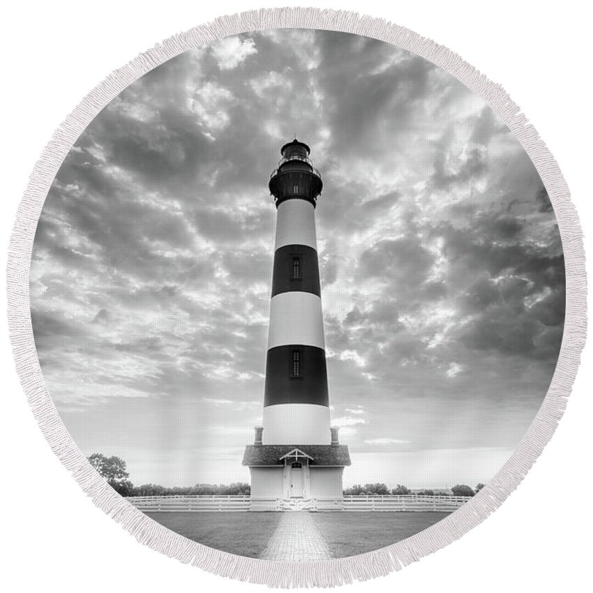 Bodie Island Lighthouse Round Beach Towel featuring the photograph Bodie Island Lighthouse OBX Outer Banks NC Black And White by Jordan Hill