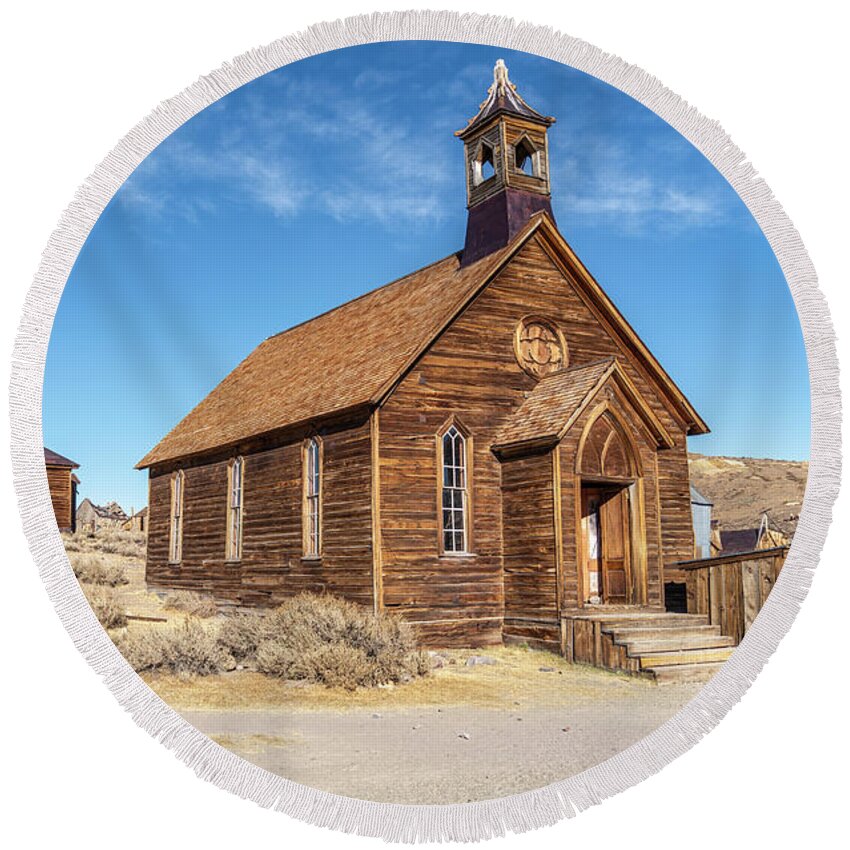 Bodie State Historic Park Round Beach Towel featuring the photograph Bodie Methodist Church by Gene Parks