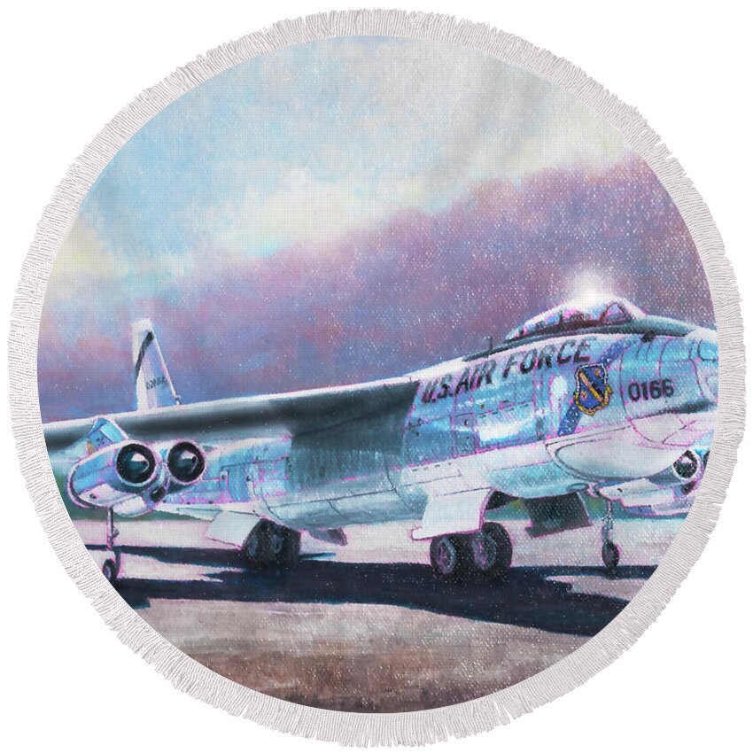 Aviation Round Beach Towel featuring the painting Boeing B-47 Stratojet by Douglas Castleman