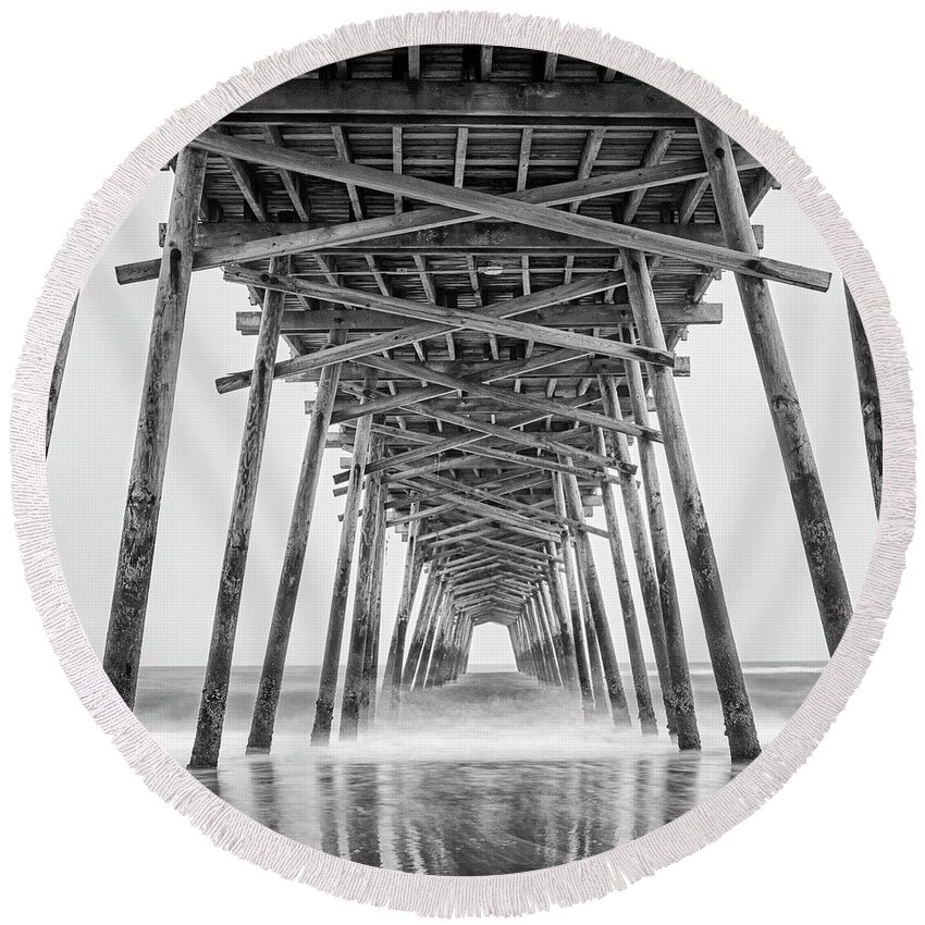 Bogue Inlet Round Beach Towel featuring the photograph Bogue Inlet Fishing Pier on a Foggy Evening by Bob Decker