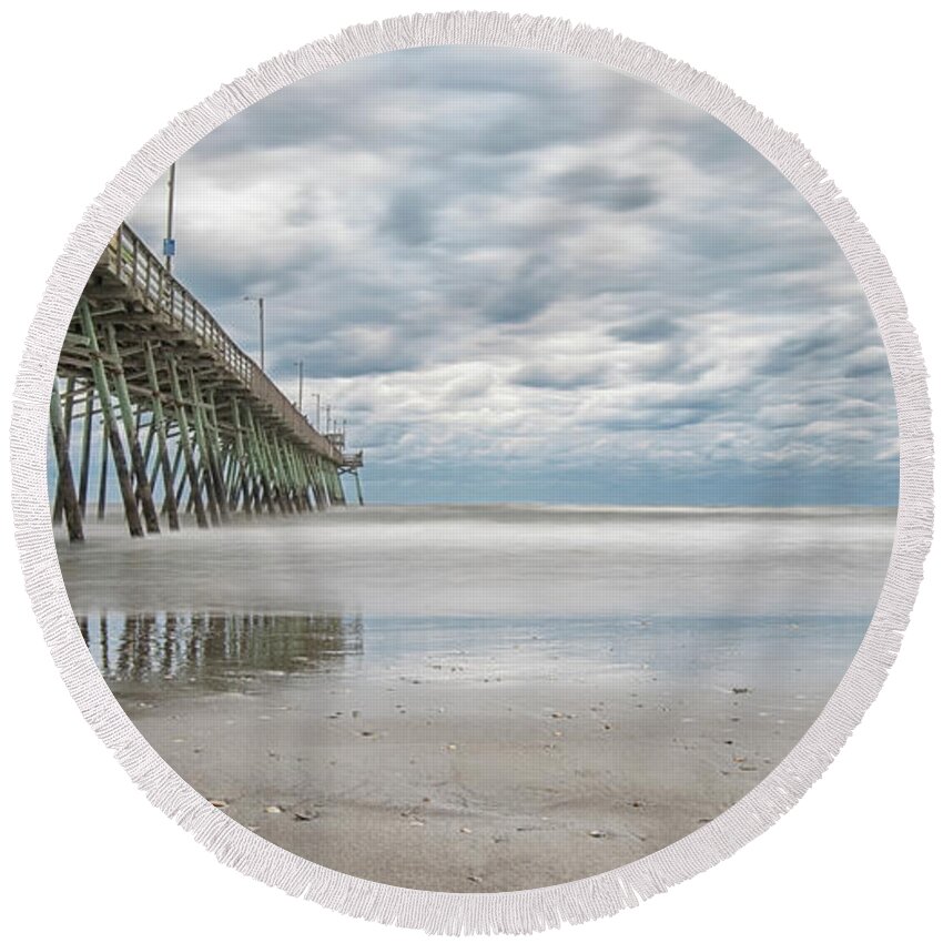 Bogue Inlet Fishing Pier Round Beach Towel featuring the photograph Bogue Inlet PIer on an Early April Evening by Bob Decker