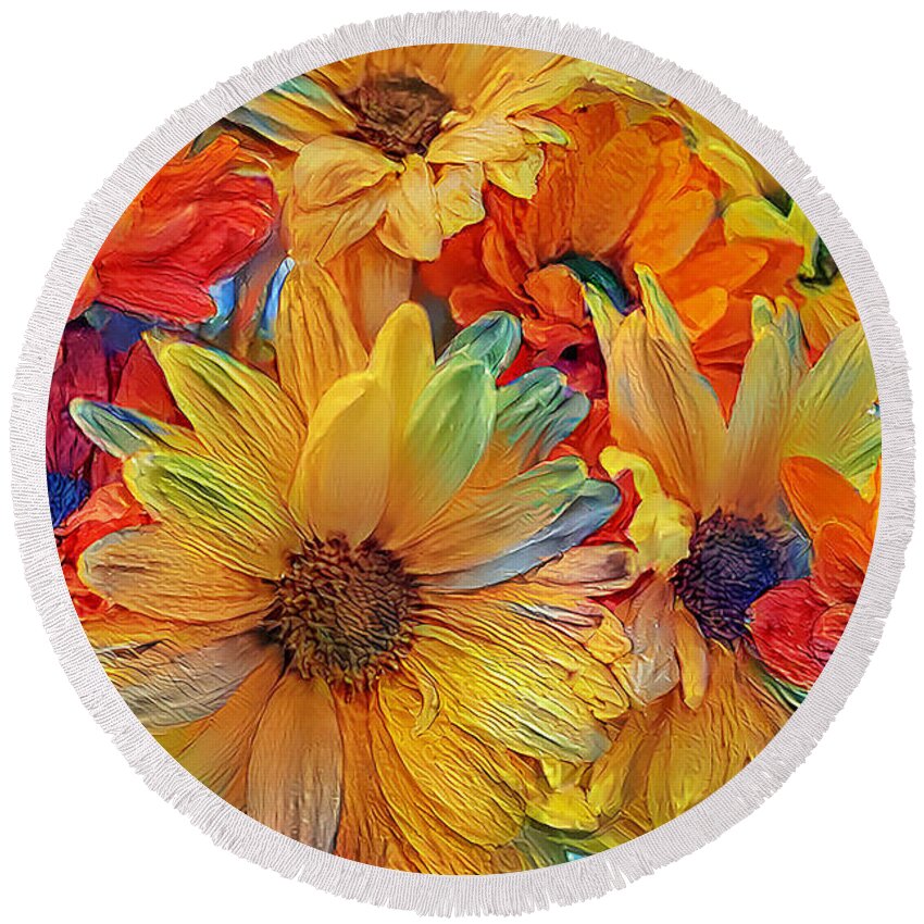 Flowers Round Beach Towel featuring the mixed media Bold and Beautiful Bouquet by Debra Kewley