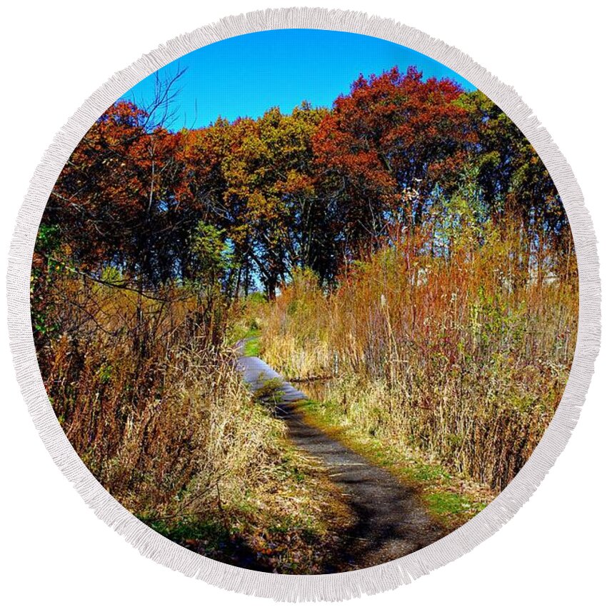Landscape Photography Round Beach Towel featuring the photograph Bold Colors Down the Trail by Frank J Casella