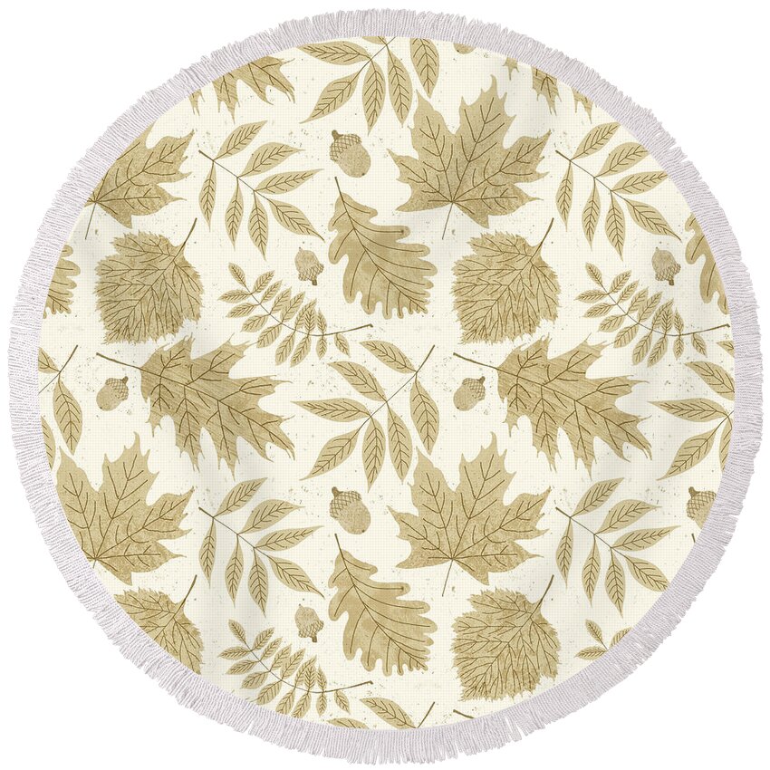 Leaf Round Beach Towel featuring the painting Bold Neutral Fall Leaf Pattern - Art by Jen Montgomery by Jen Montgomery