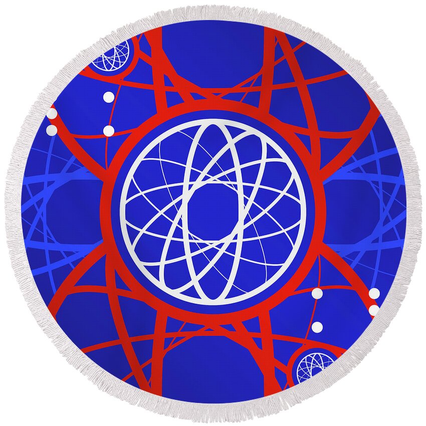 Abstract Round Beach Towel featuring the mixed media Bold Primary Geometric Glyph Art in Red White and Blue n.0129 by Holy Rock Design